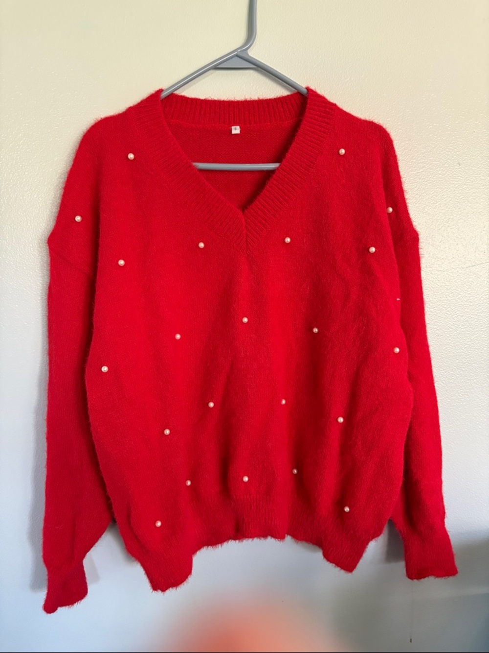 Amazon Red V-Neck Pearl-Embellished Women's Sweater